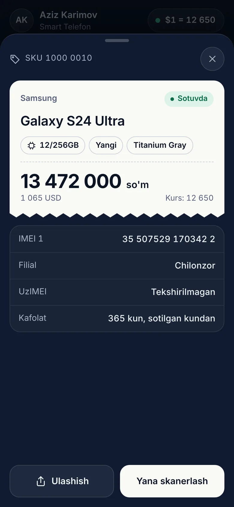 Sotuvchi ilovasi: skanerlangan telefon narxi va IMEI