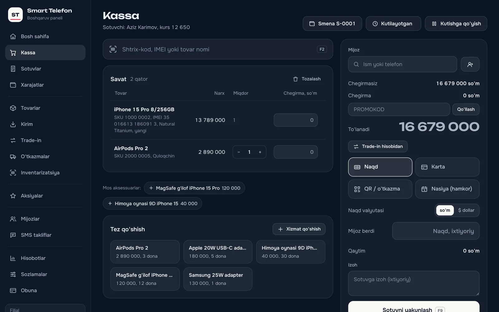 Kassa: savatda iPhone 15 Pro va AirPods, to'lov turlari